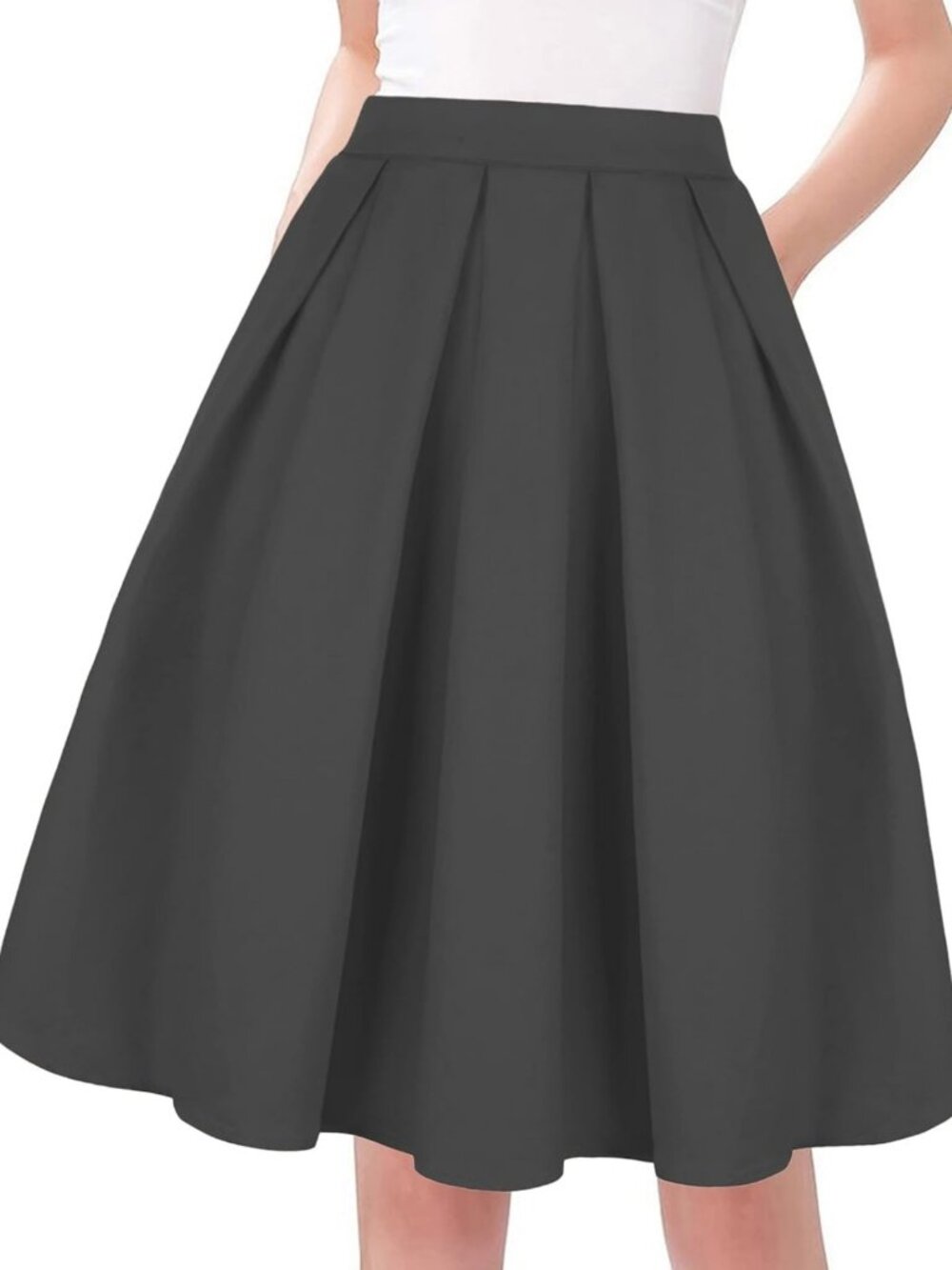 Vintage A-line Printed Pleated Flared Midi Skirt with Pockets for Women